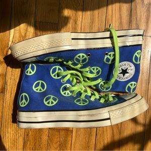 Green and blue peace sign 70s high top converse